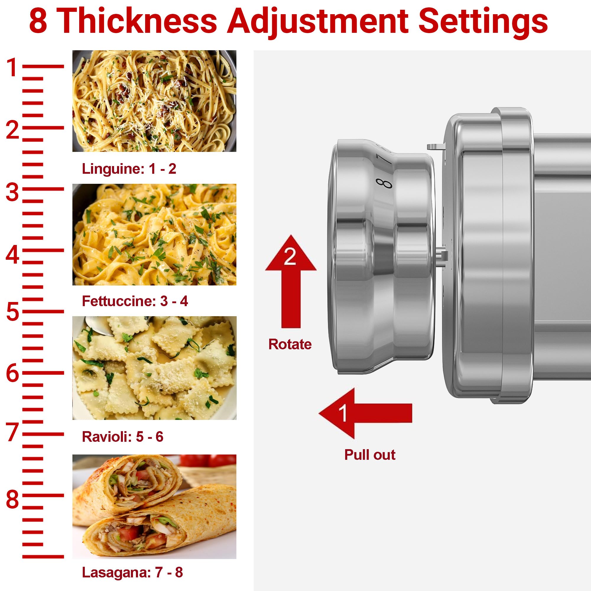 3-In-1 & 8-Gears Adjustable All Metal Pasta Maker Attachment for KitchenAid Stand Mixer